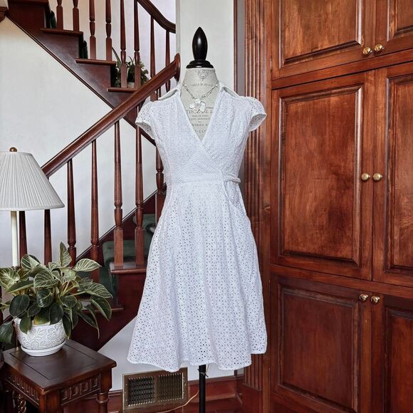 Retro White Eyelet Sundress Summer Spring Cute Vintage 1970s Cap Sleeve Pockets - Picture 1 of 5